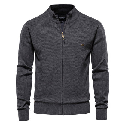 2025 Fall & Spring Men’s Cardigan Sweater - Solid Color Ribbed Collar Knit Pullover, Casual High Neck