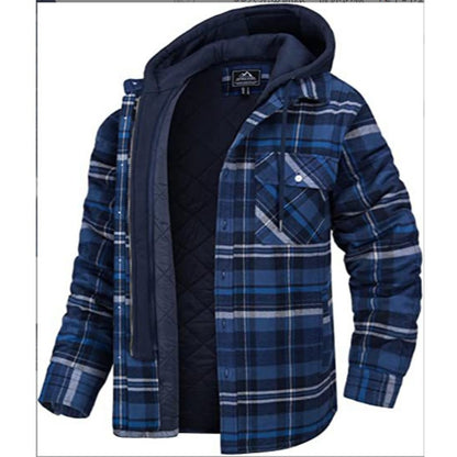 Men's Thick Plaid Long-Sleeve Hooded Padded Jacket