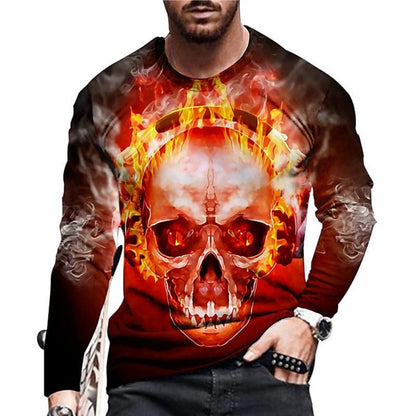 Skeleton Head 3D Digital Print Long-Sleeve Round-Neck Men's T-Shirt