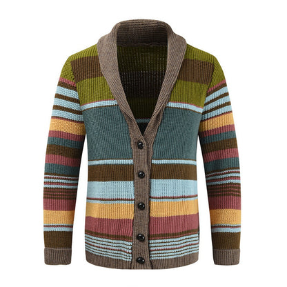 Men’s Knitted Cardigan with Lapel Contrast Color Thickened Winter Sweater