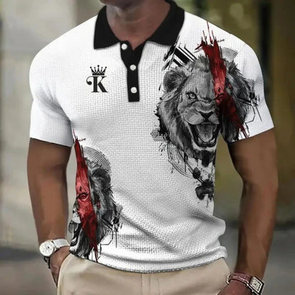 New Summer Men's Polo Shirt Patchwork Print 3D Print Simple Turn-Down Collar Button Shirt
