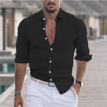New Men's Summer Linen Flip Collar Beach Shirt Long Sleeve Solid Color Hawaiian Holiday Outfit