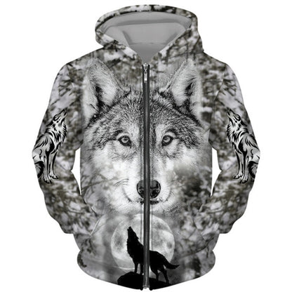 3D Wolf Series Printed Zip-Up Hoodie Unisex Couple's Jacket Casual Fashion Outerwear